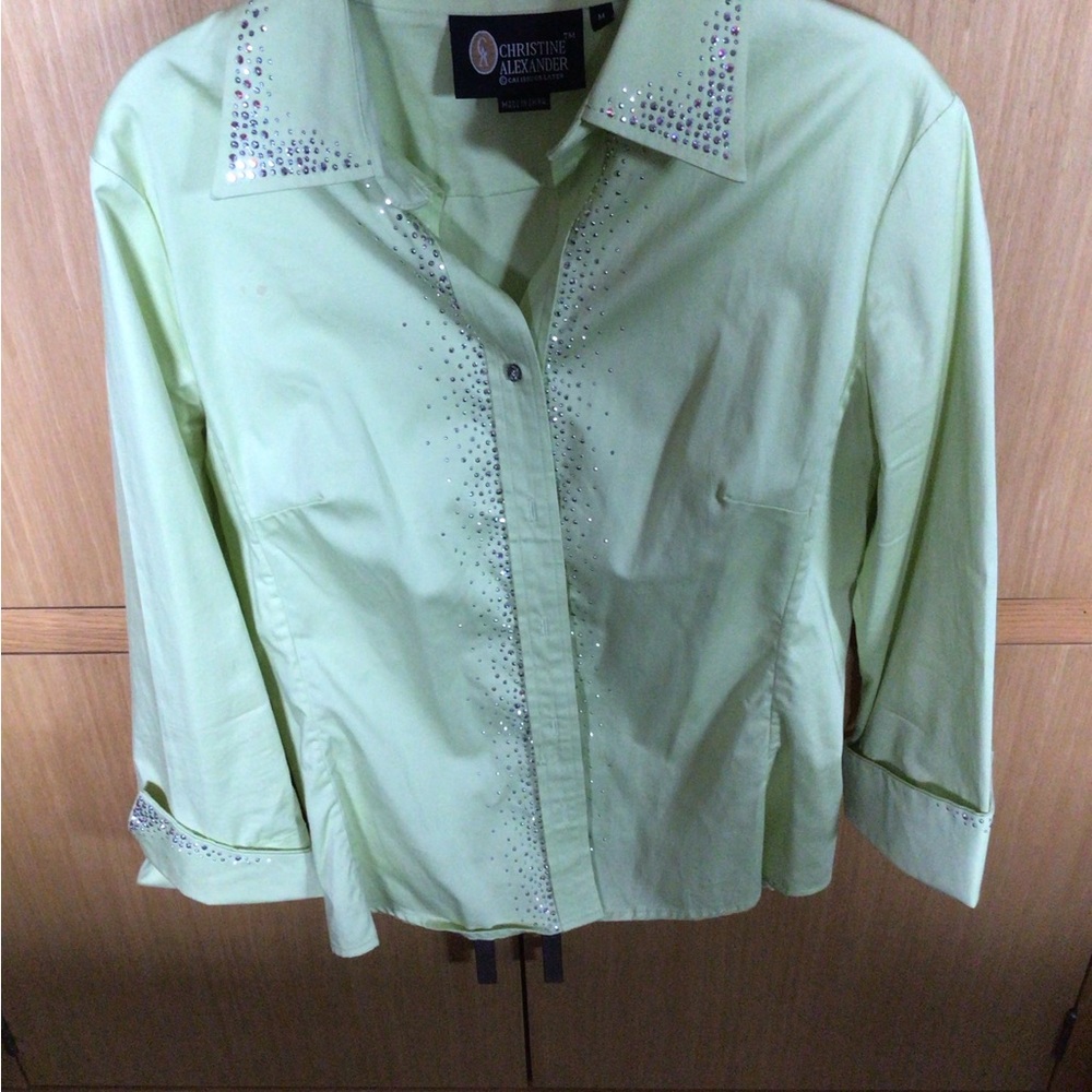 Christine Alexander Light Green Embellished Button Down Shirt